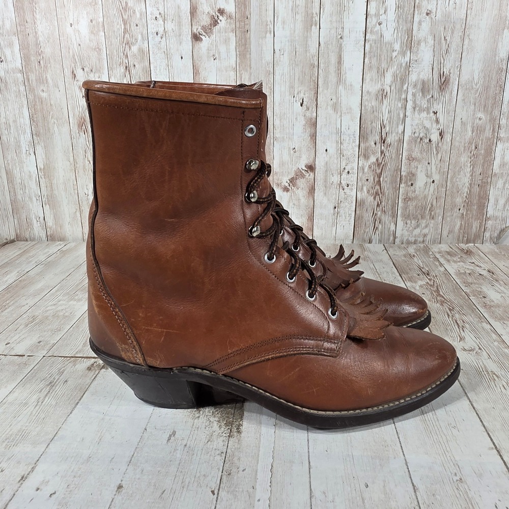 Laredo Womens Tan Leather Lace Up Packer Western Boots Kiltie 37242 8.5M USA